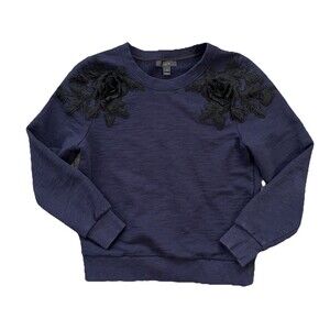 J. Crew Navy Blue Black Appliqué Flowers Sweatshirt Dark Academia Cotton S Cozy